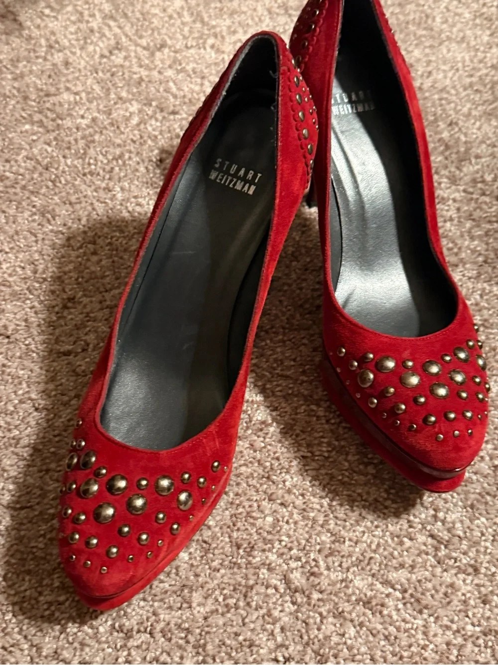 Stuart Weitzman Red Suede Studded Pointed-Toe Pumps